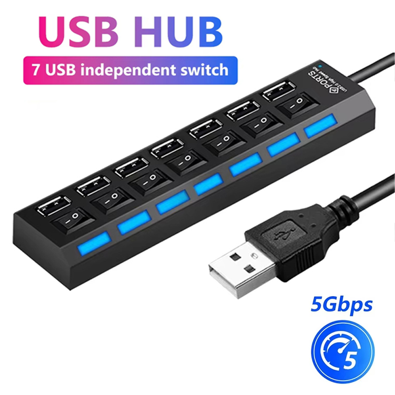Laptop Accessories For Office - 7 Port USB 2.0 Hub Splitter